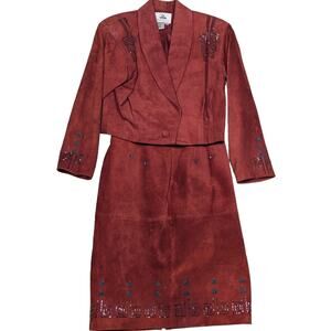 Vintage Pia Rucci Suede Beaded Embellished Maroon Skirt Suit